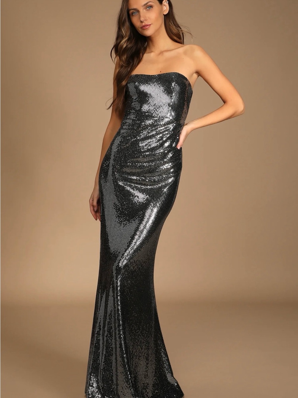 Lulus Silver Sequin Strapless Mermaid Maxi Gown Formal Dress XL